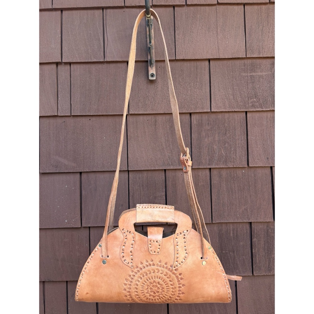 Vintage Handcrafted tooled light brown Tan Leather Shoulder Bag